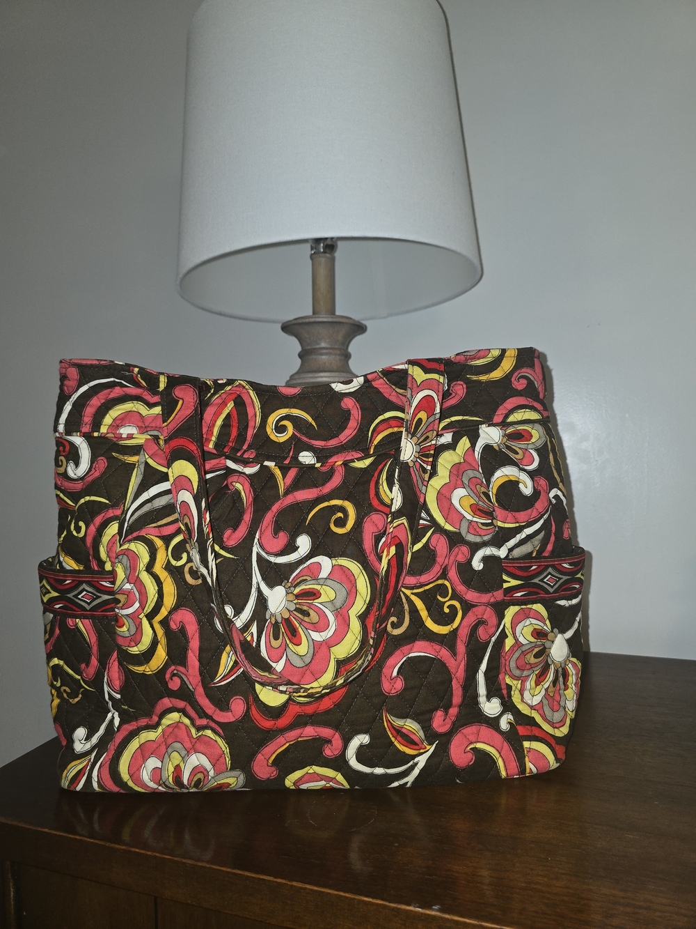 Vera Bradley Quilted Floral Tote in Brown, Pink & Yellow